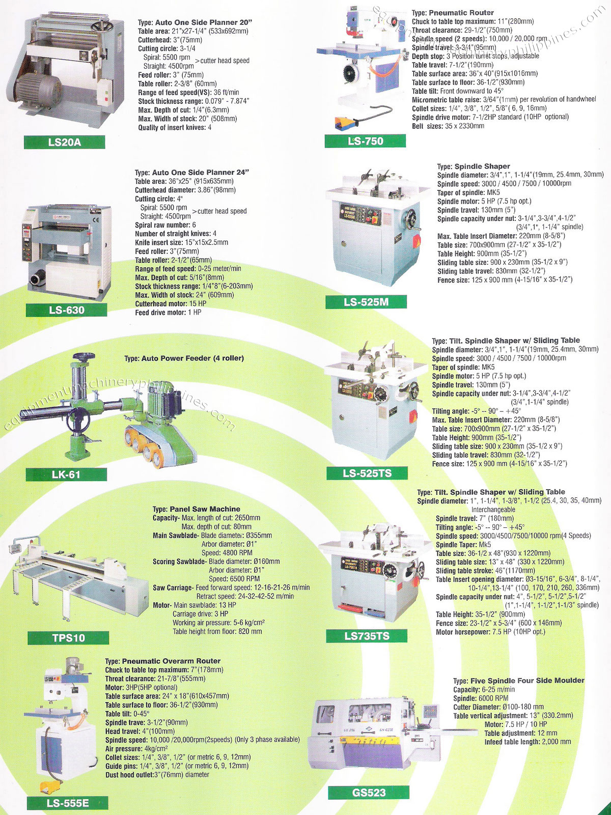 Planer, Pneumatic Router, Spindle Shaper, Auto Power Feeder, Panel Saw 
