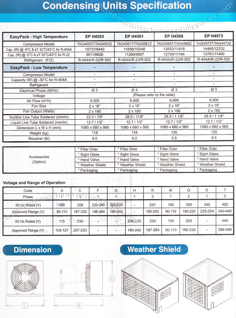 Tecumseh EasyPack Series Condensing Units Version 2 Specifications