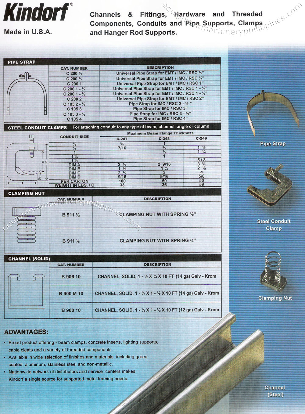 Kindorf Channels and Fittings, Hardware and Threaded Components, Conduits and Pipe Supports, Clamps and Hanger Rod Supports