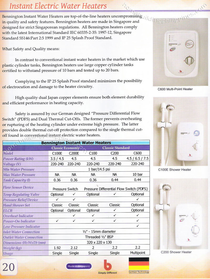 Instant electric water heaters by Bennington Philippines