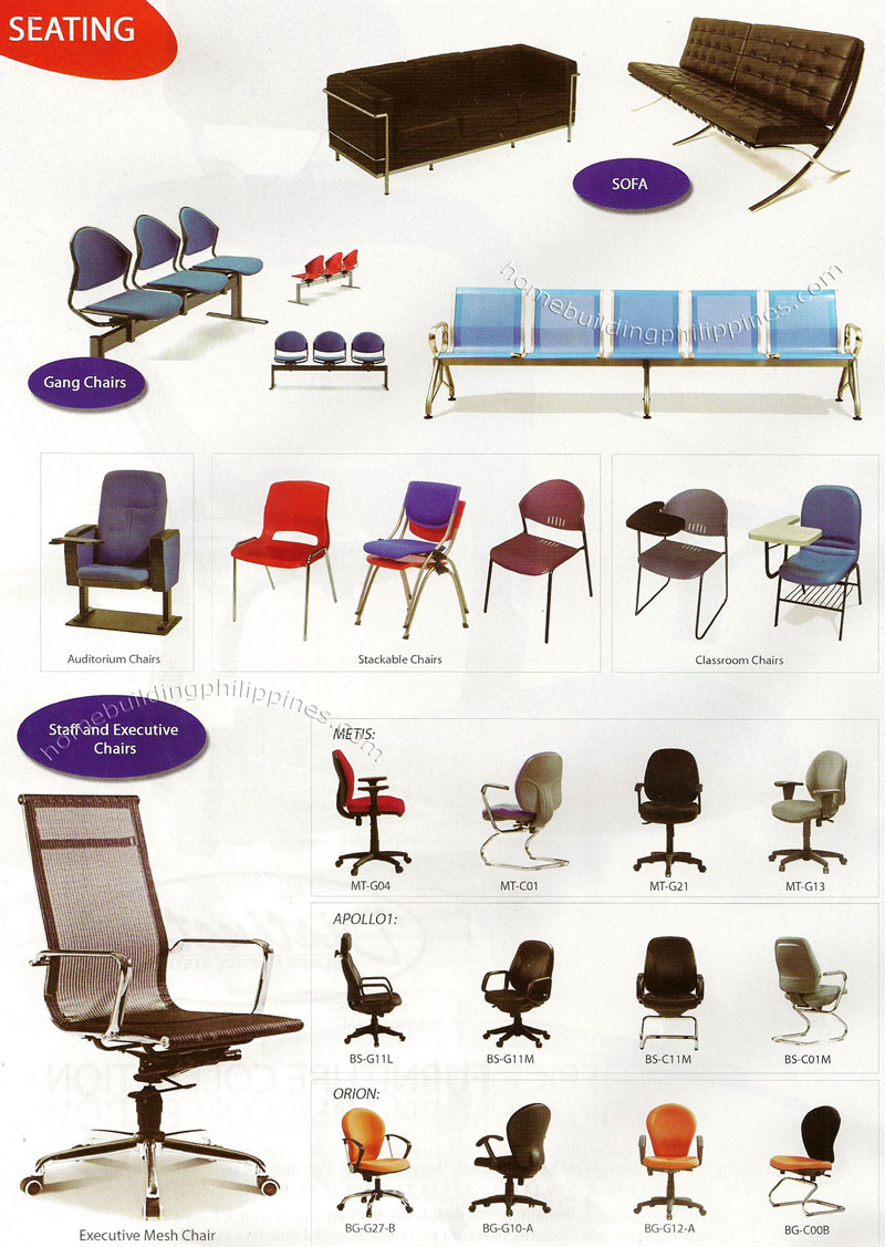 Office Seating: Sofa, Gang Chairs, Auditorium Chairs, Stackable Chairs, Classroom Chairs, Staff and Executive Chairs