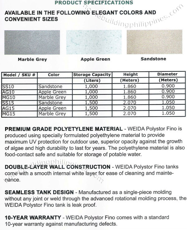 polystor polyethylene tank fino residential water storage product specifications