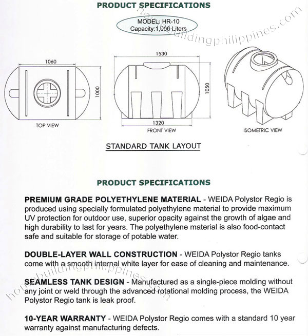 Polystor Polyethylene Tank Regio Residential Water Storage, Product Specifications Philippines