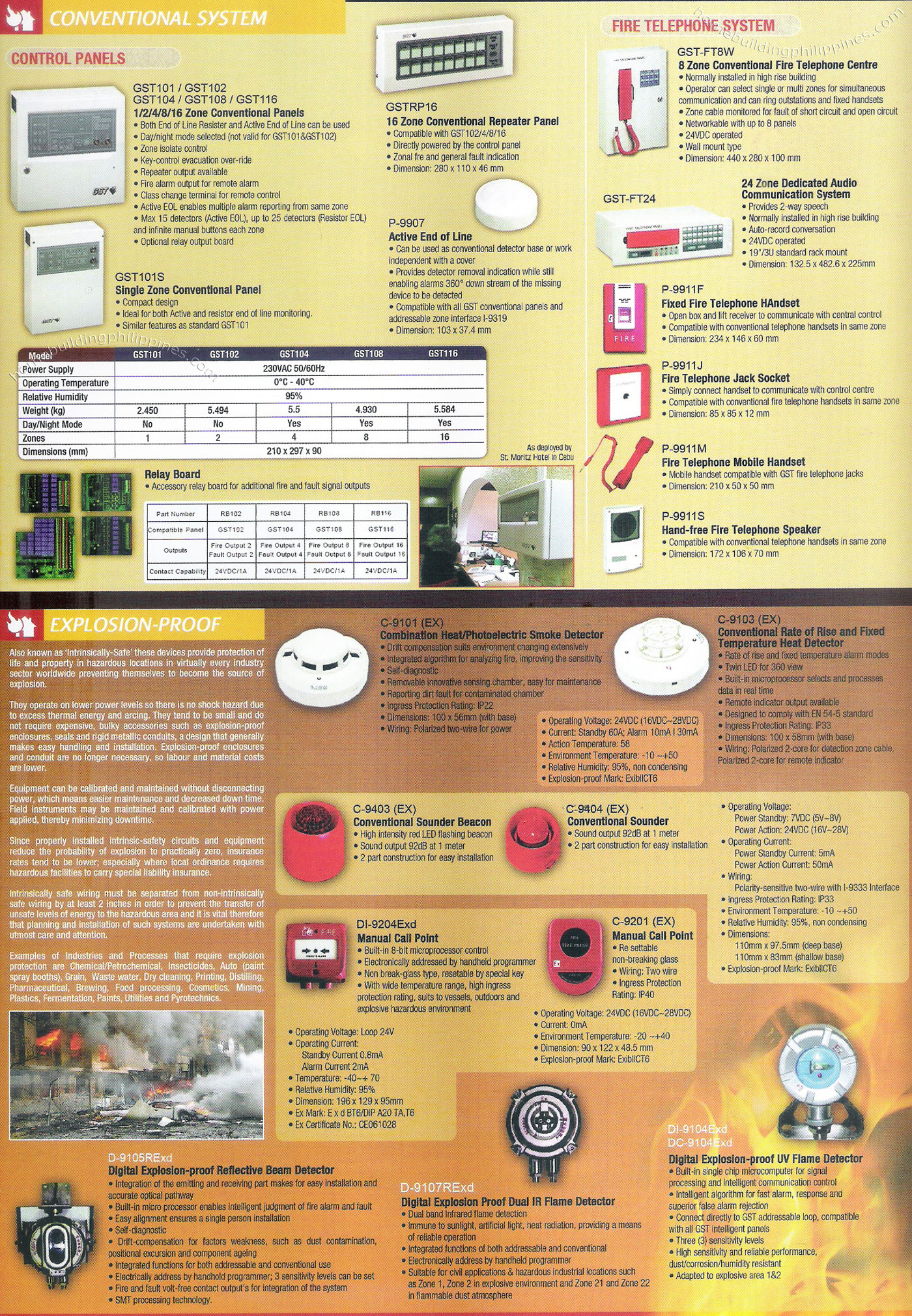 Conventional Fire Detection Control Panel; Telephone System; Heat, Smoke, Flame Detector Sounder/Beacon