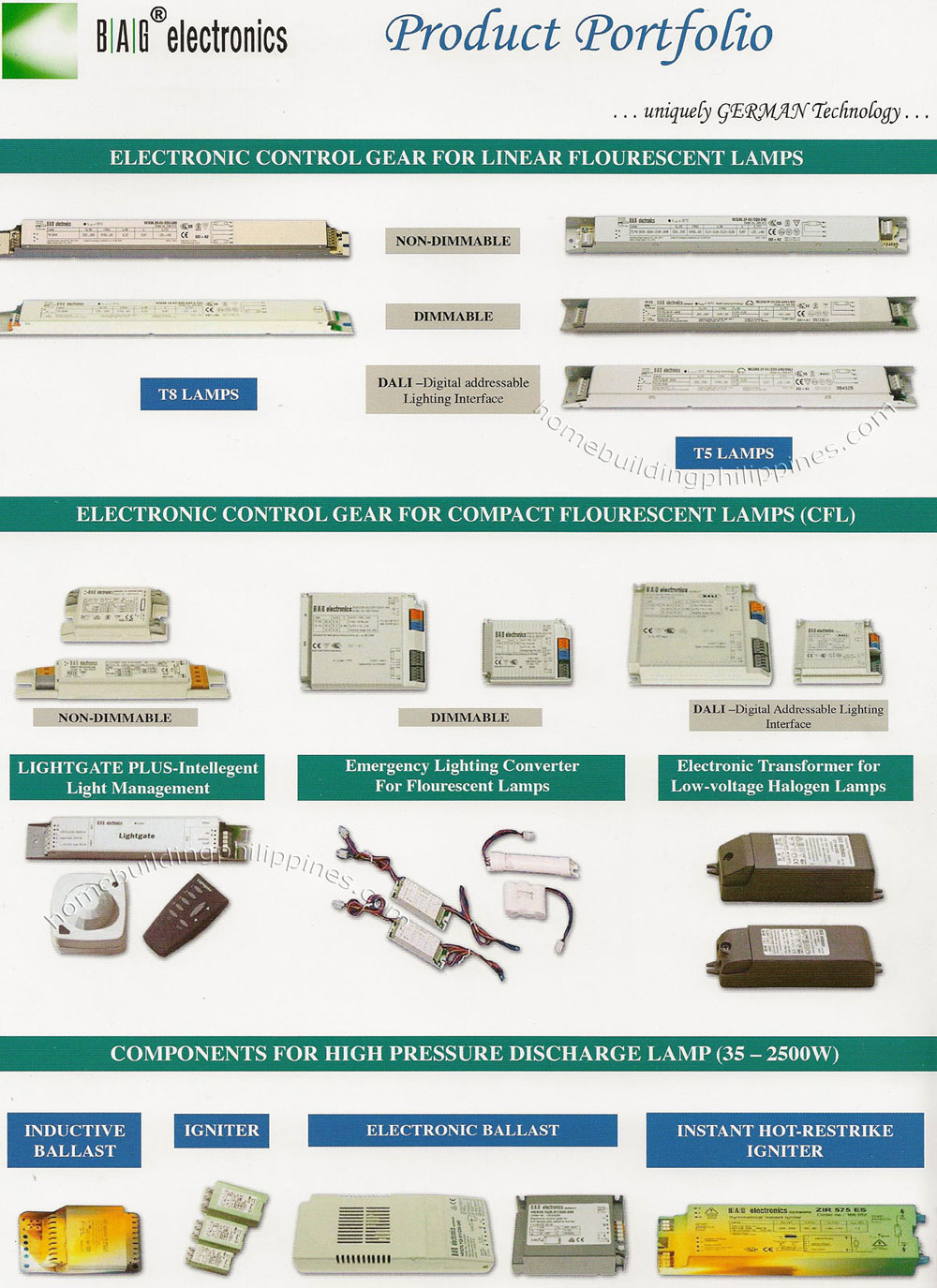 Electronic Control Gear for Linear and Compact Flourescent Lamps; Components for High Pressure Discharge Lamp