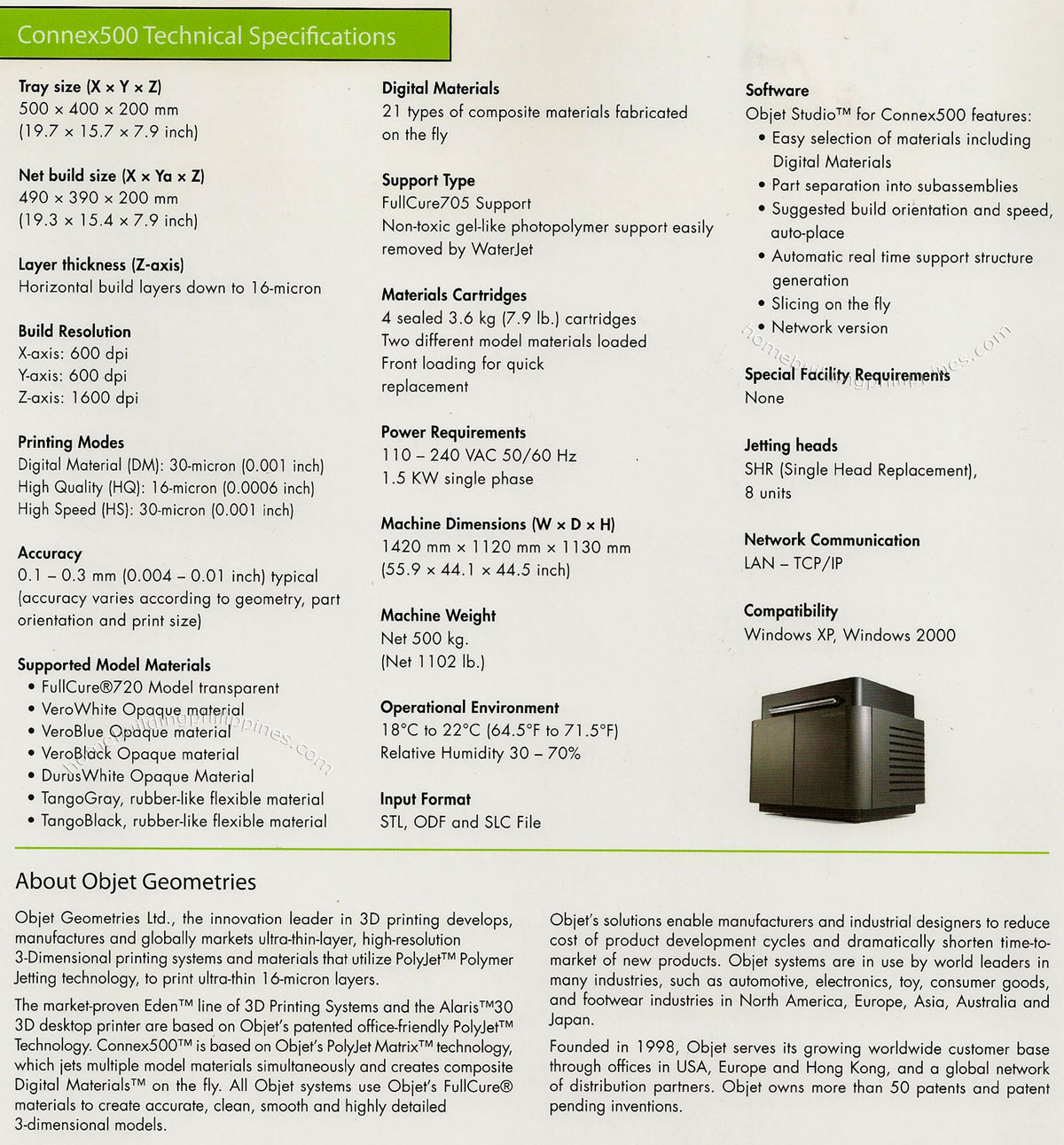 Connex500 Technical Specifications, About Objet Geometries