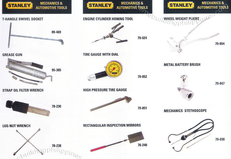 Stanley Mechanics Automotive Tools Swivel Socket Grease Gun Filter Wrench Engine Cylinder Honing Tire Gauge Inspection Mirror Wheel Weight Pliers Metal Battery Brush Stethoscope