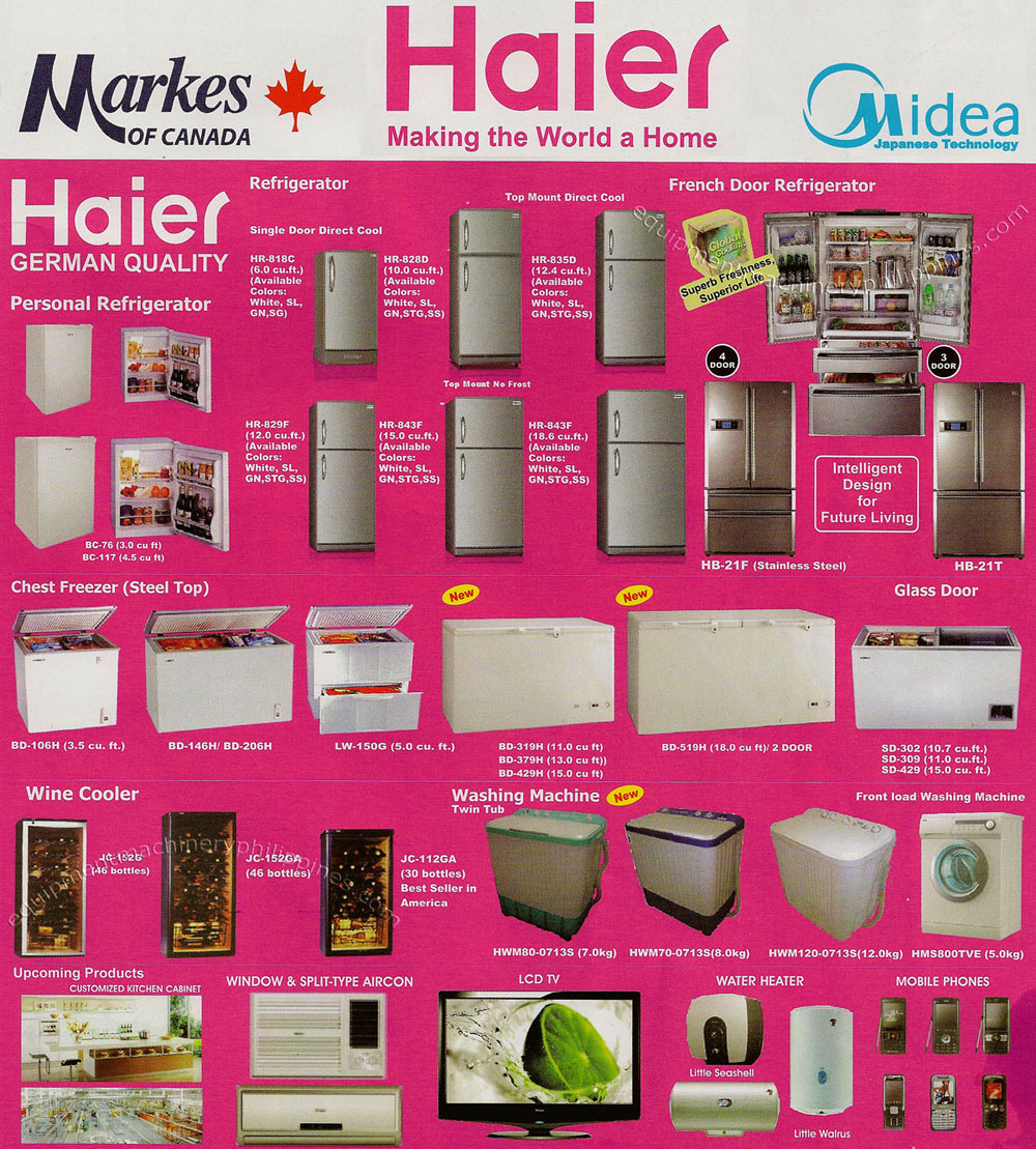 French Door Refrigerator, Chest Freezer, Washing Machine, Window and Split Type Aircon, Water Heater by Haier