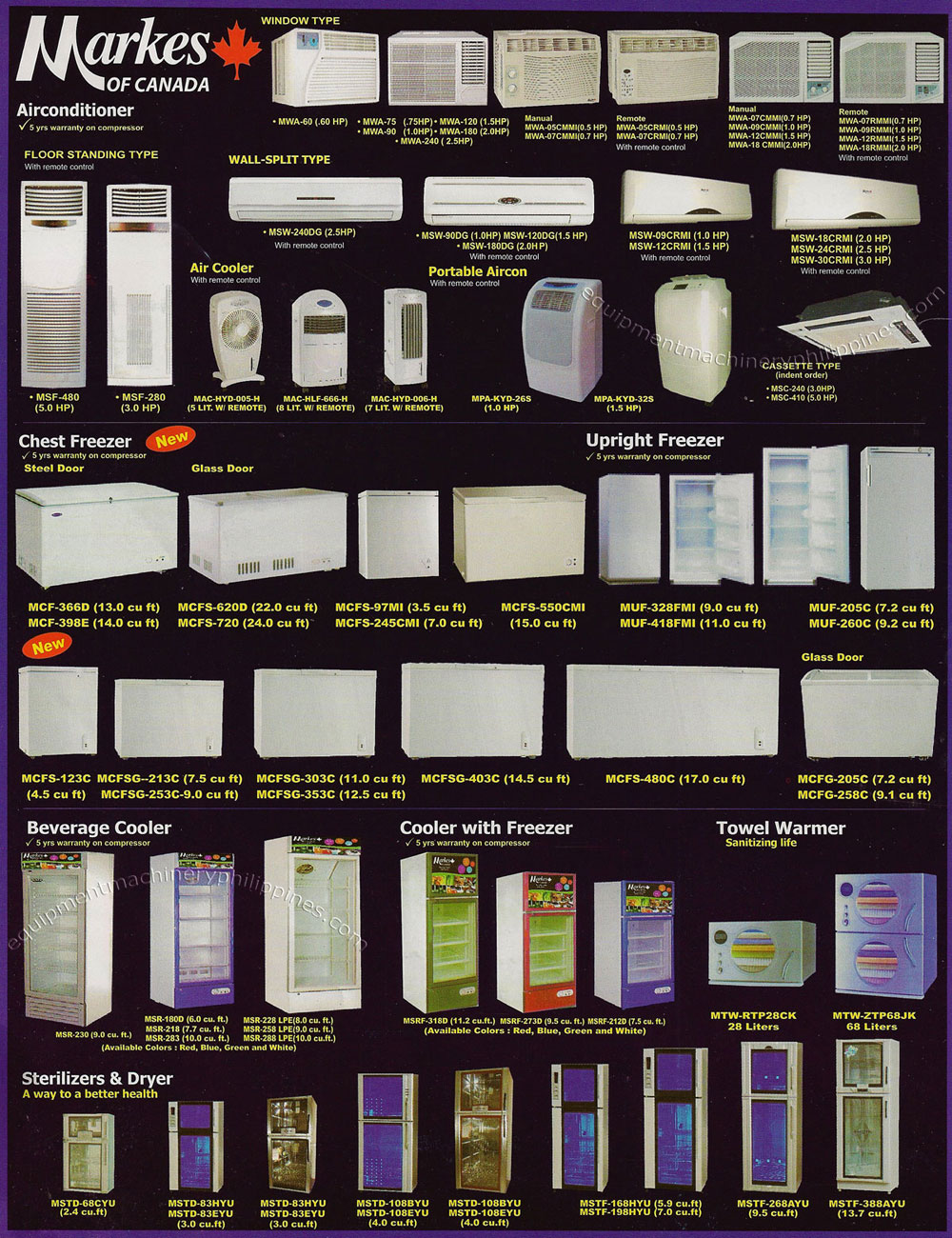 Airconditioner, Chest Freezer, Upright Freezer, Beverage Cooler, Towel Warmer, Sterilizer and Dryer by Markes