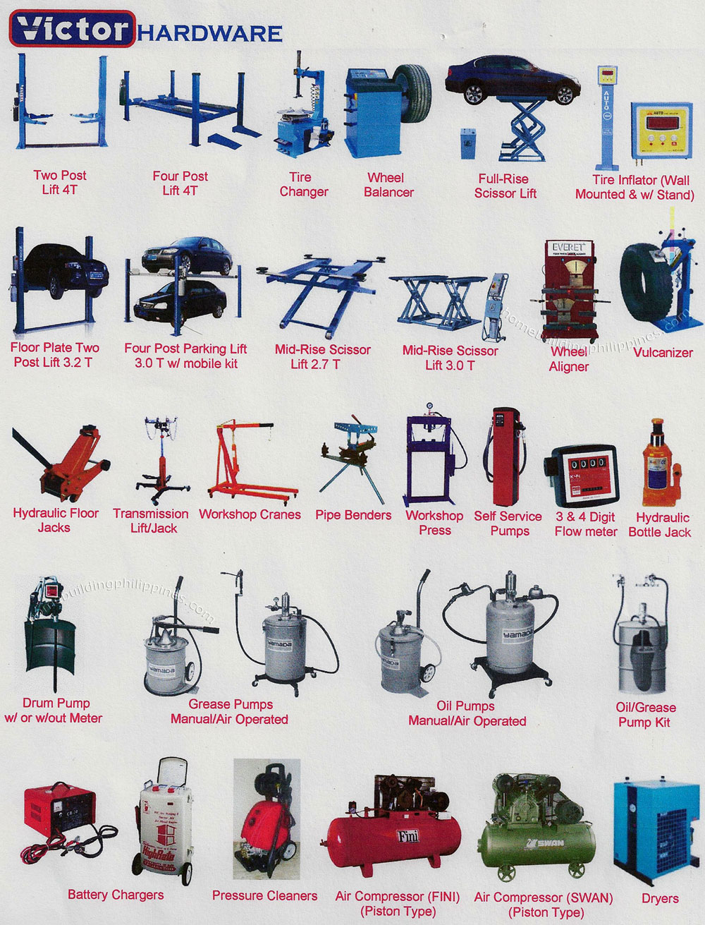 Car Lift, Hydraulic Jack, Workshop Crane, Pipe Bender, Grease Pump, Battery Charger, Pressure Cleaner, Air Compressor