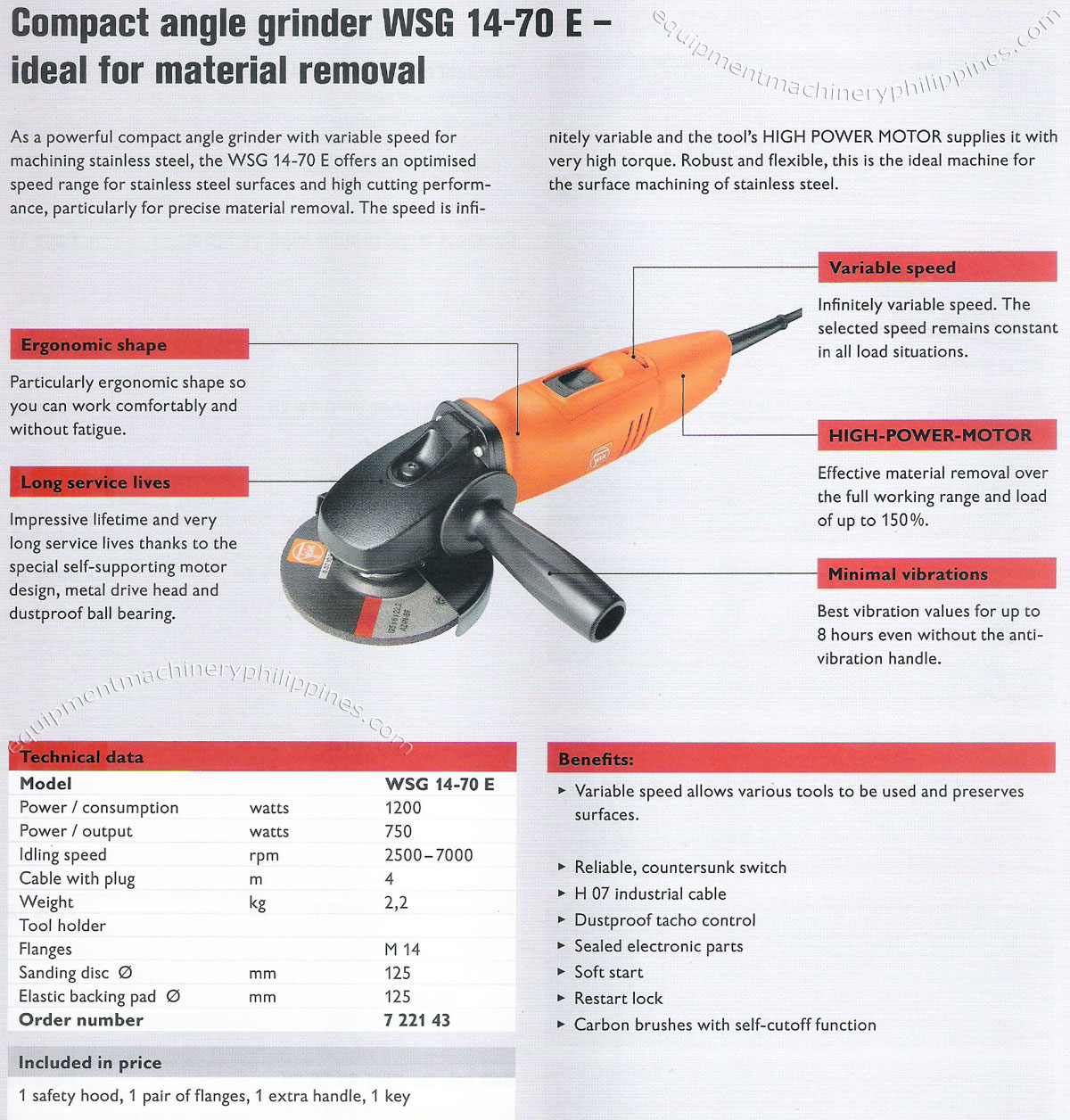 Compact Angle Grinder WSG 14 70 E with Variable Speed