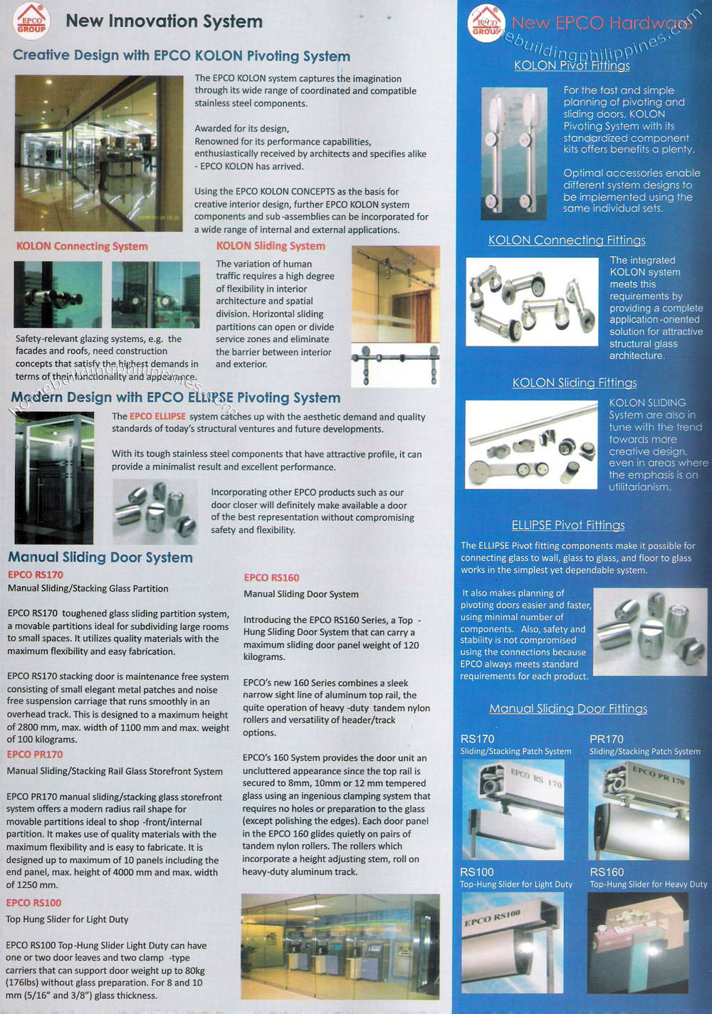 Kolon Pivoting System, Ellipse Pivoting System, Manual Sliding Door System