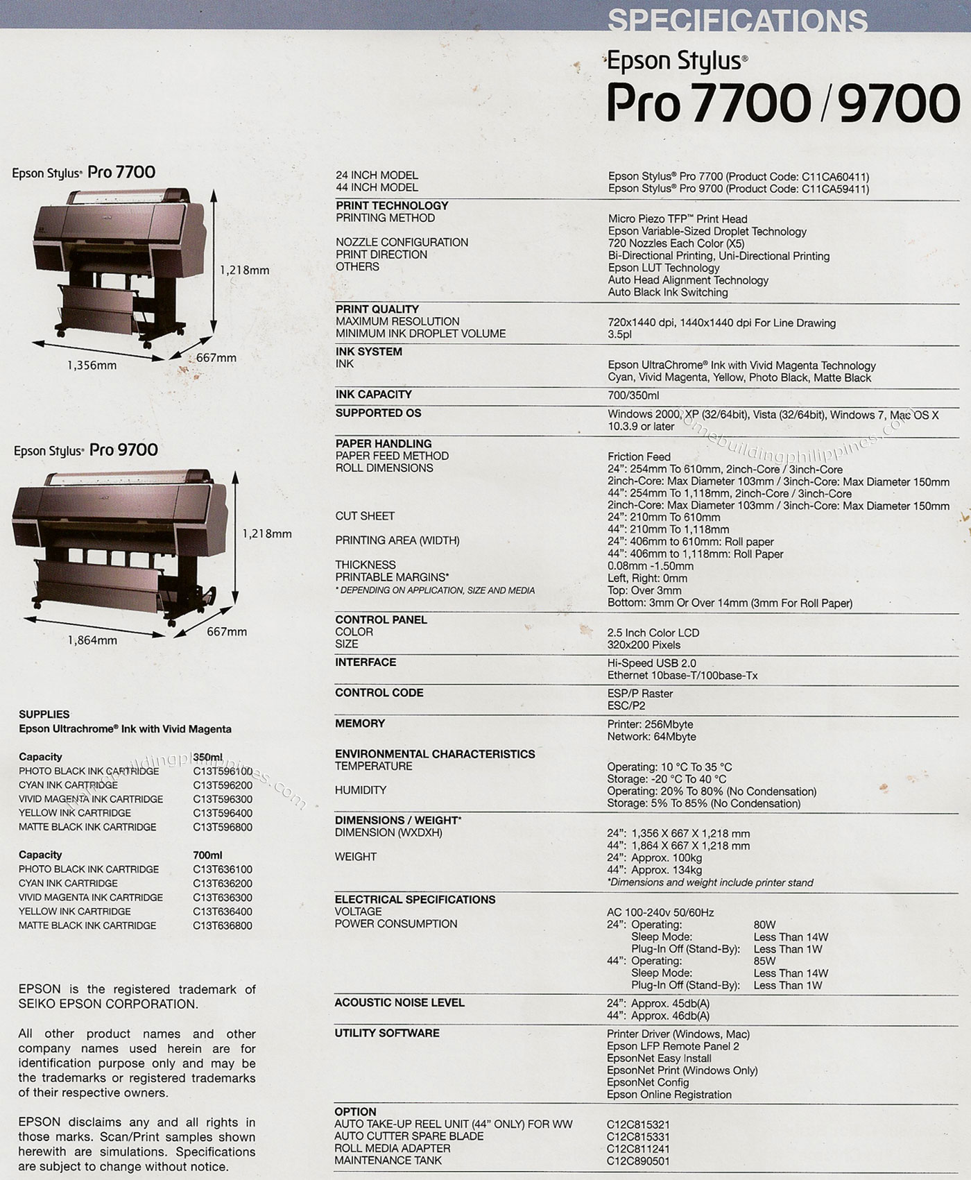 Epson 7700/9700 Large Format Printer Specifications