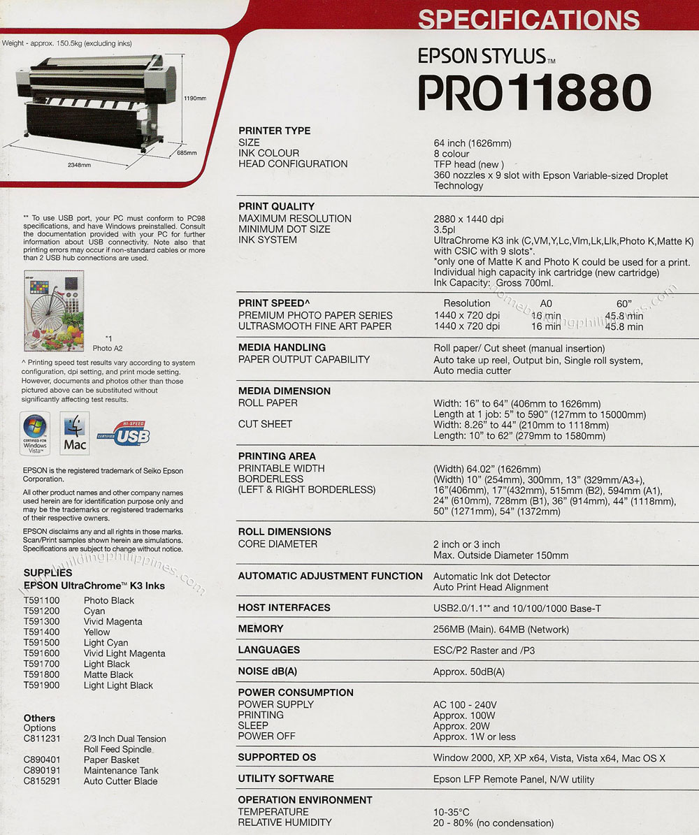 Epson 11880 Large Format Printer Specifications