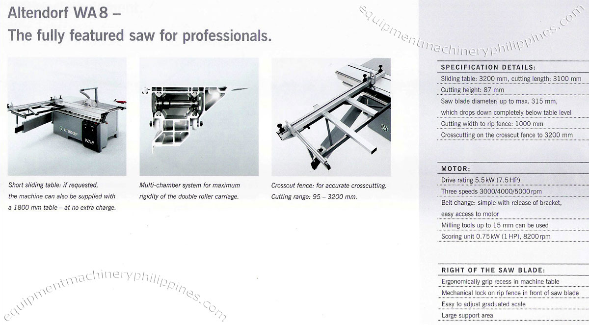 Altendorf WA 8 Sliding Table Saw Features and Specifications