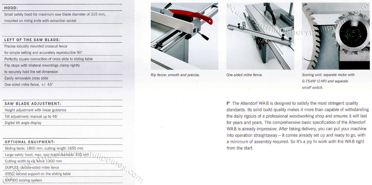 Altendorf WA 8 Sliding Table Saw Features and Specifications