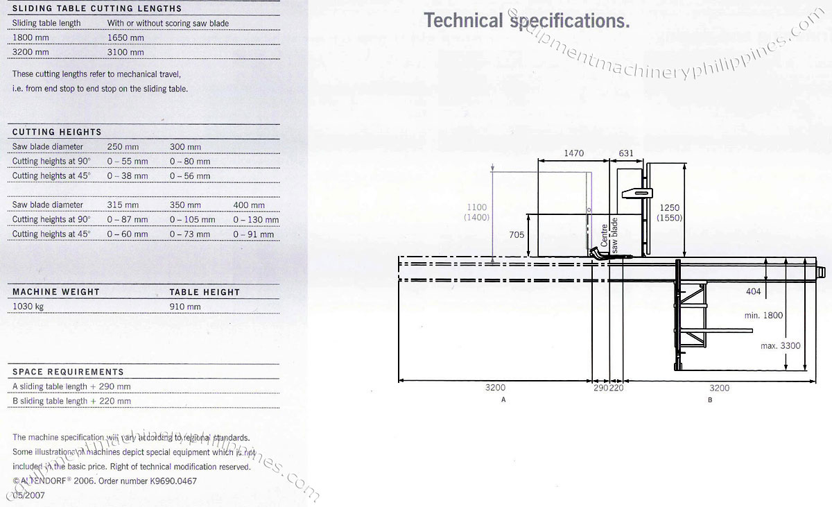 Altendorf WA 8 Sliding Table Saw Technical Specifications