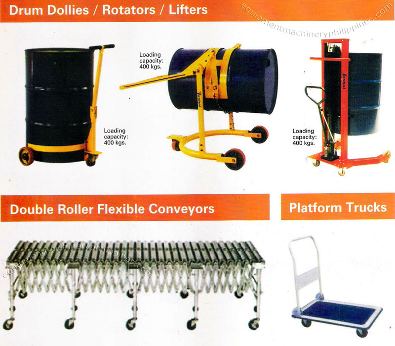 Material Handling Equipment Drum Dolly Drum Rotator Drum Lifter Double Roller Flexible Conveyor Platform Truck Philippines