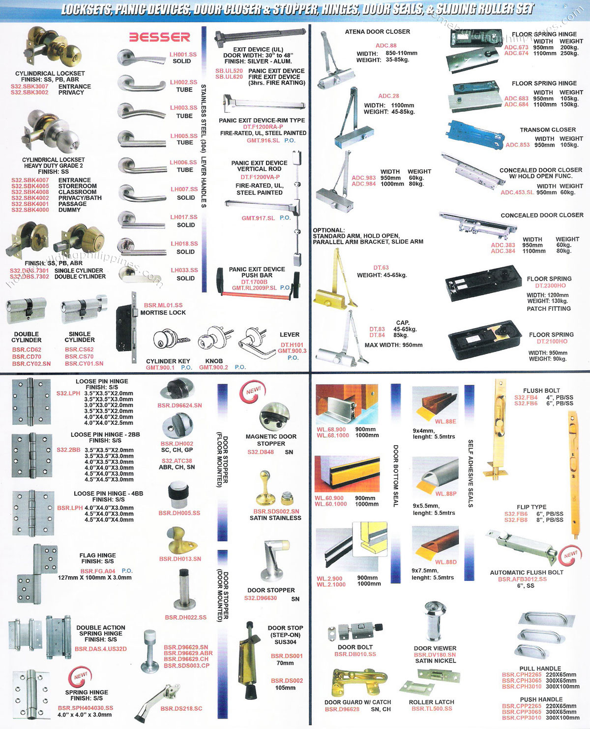 Locksets Panic Devices Door Closer Stopper Hinges Seals Sliding Roller Set Philippines