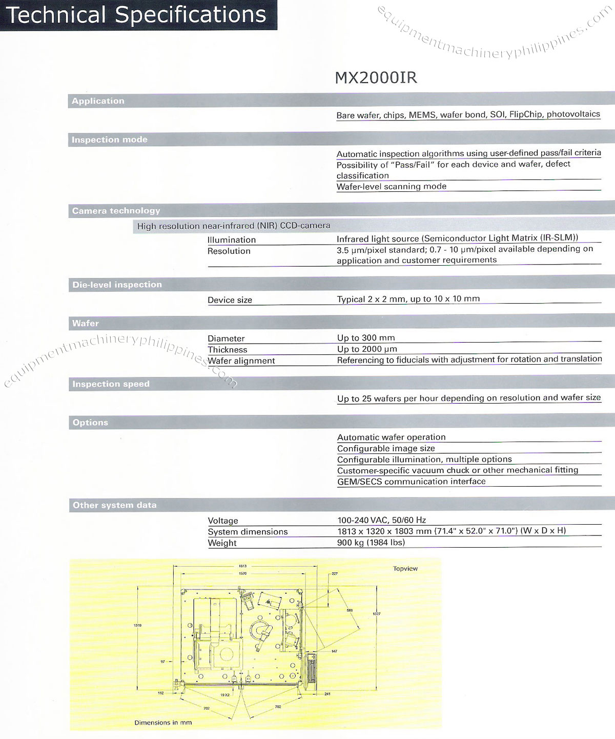 Electronics Semiconductor Assembly Viscom MX2000IR Automatic Wafer Handling Technical Specifications