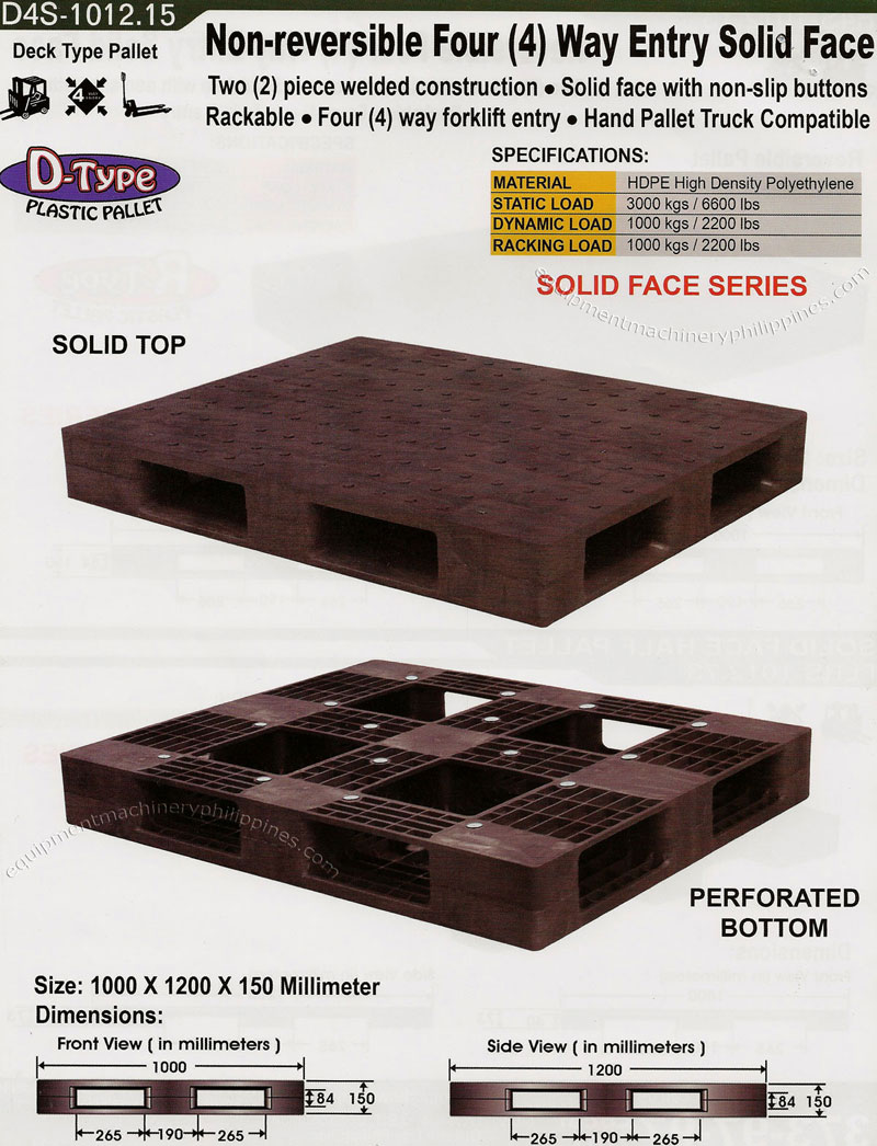 Deck Type Pallet Non Reversible, 4 Way Entry, Solid Face, Perforated Bottom