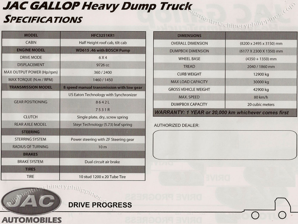 Jac Motors Heavy Dump Truck Gallop Specifications