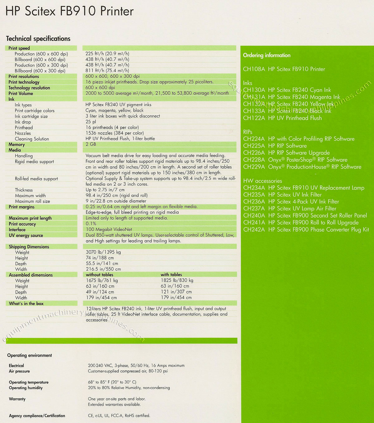 HP Scitex FB910 Printer Specifications