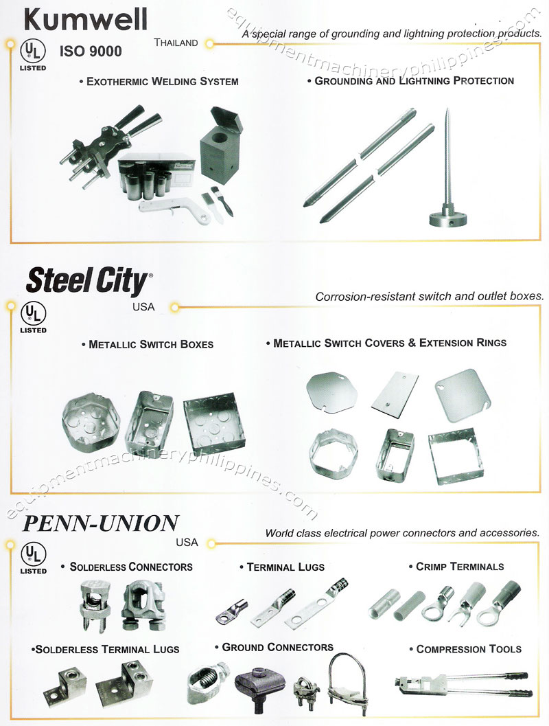 Kumwell Grounding and Lightning Protection, Exothermic Welding System, Steel City Metallic Switch Boxes, Penn-Union Electrical Solderless Connectors, Terminal Lugs, Crimp Terminals, Ground Connectors, Compression Tools