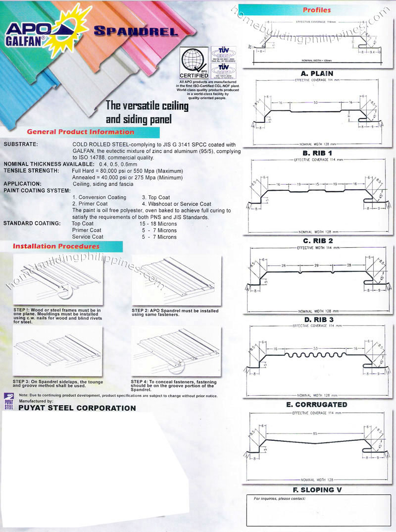 Steel Spandrel Ceiling Siding Panel Specifications Profiles