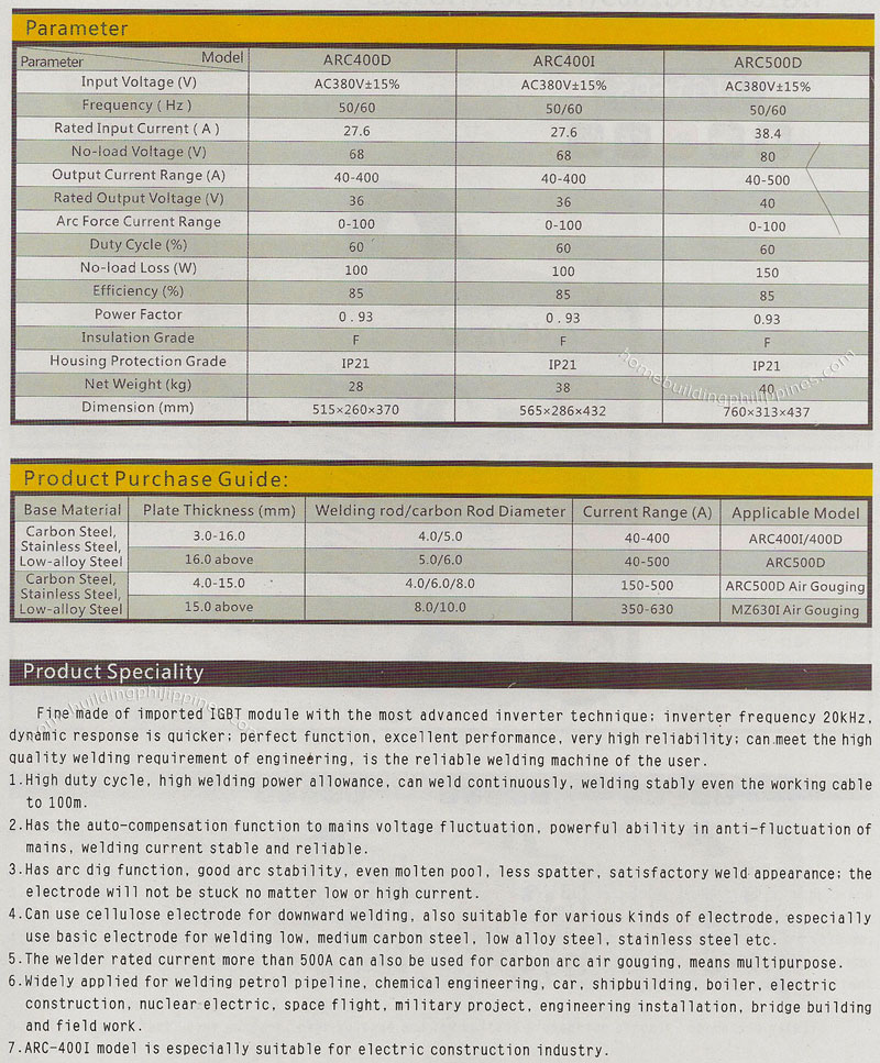 Inverter MMA Welding Machine IGBT Series Parameters