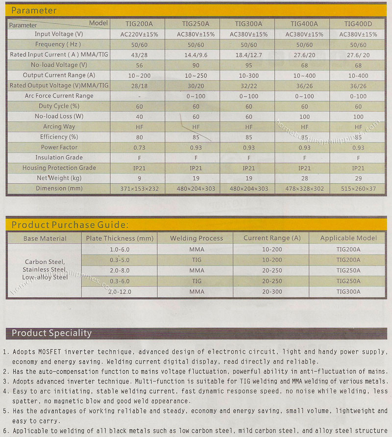Inverter TIG MMA Welding Machine Parameters