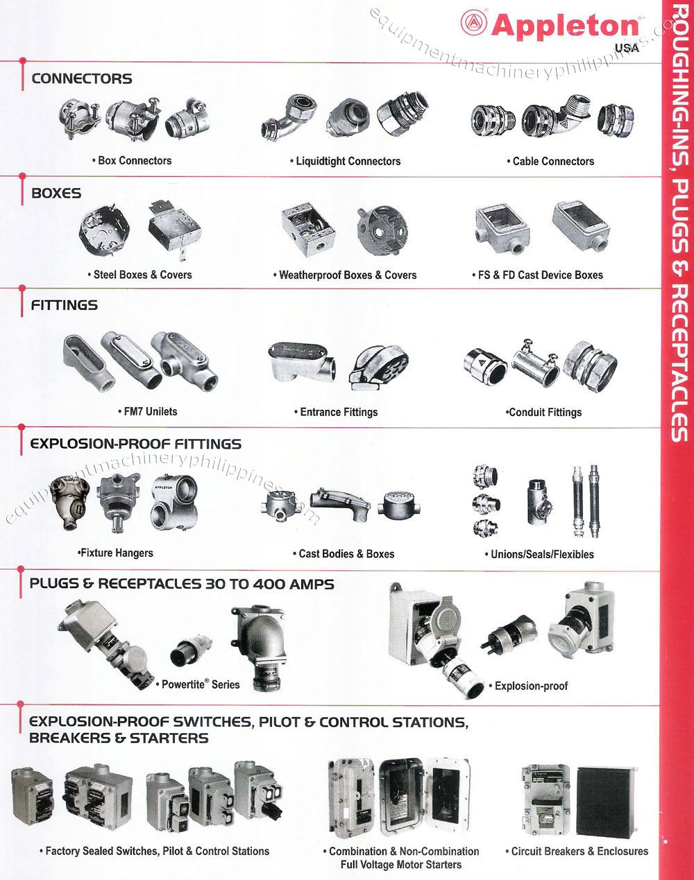 Appleton Connectors, Boxes, Fittings, Explosion Proof Fittings Plugs and Receptacles, Explosion Proof Switches, Pilot and Control Stations, Breakers and Starters