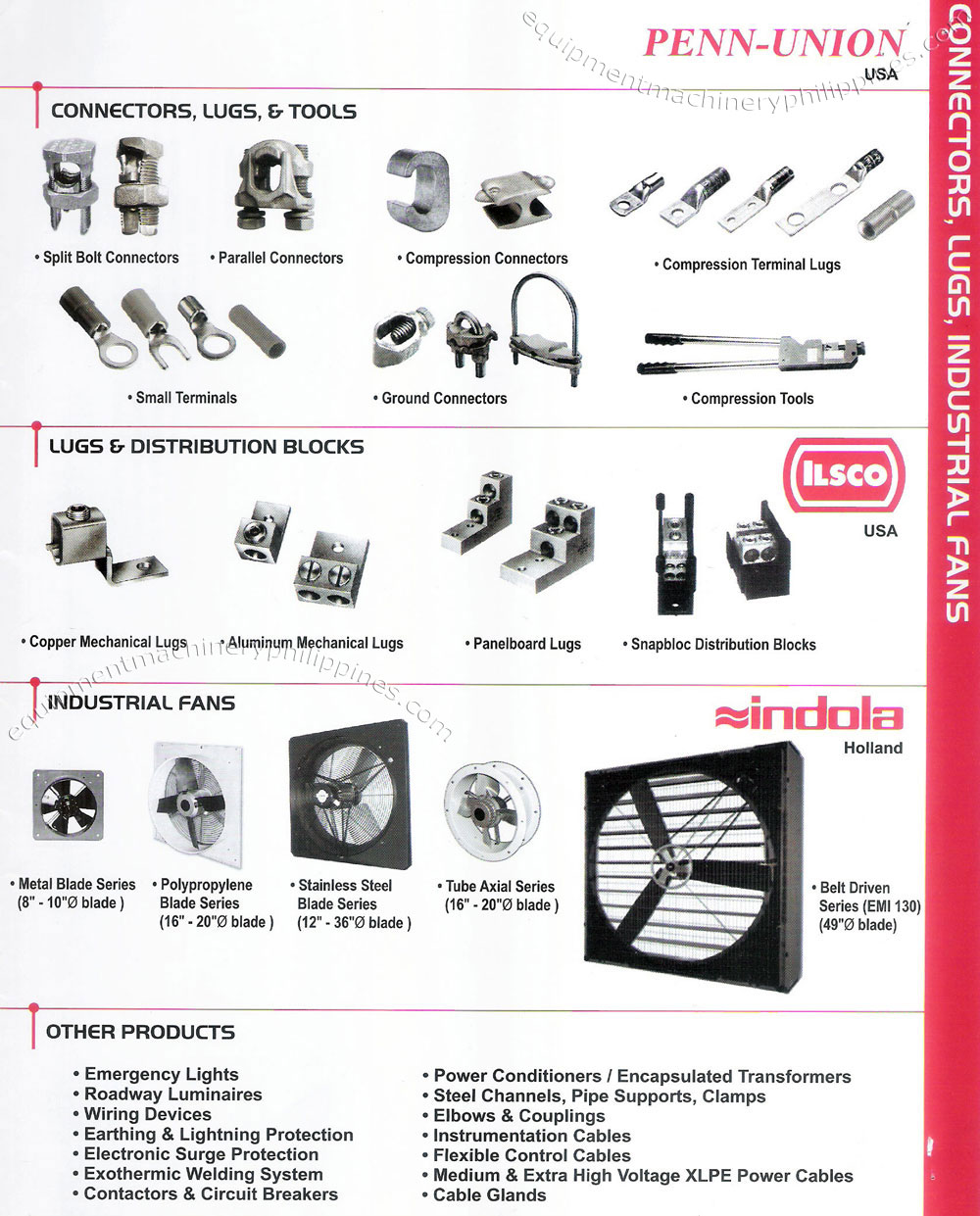 Penn-Union Connectors, Lugs, Tools; Ilsco Lugs and Distribution Blocks; Indola Industrial Fans