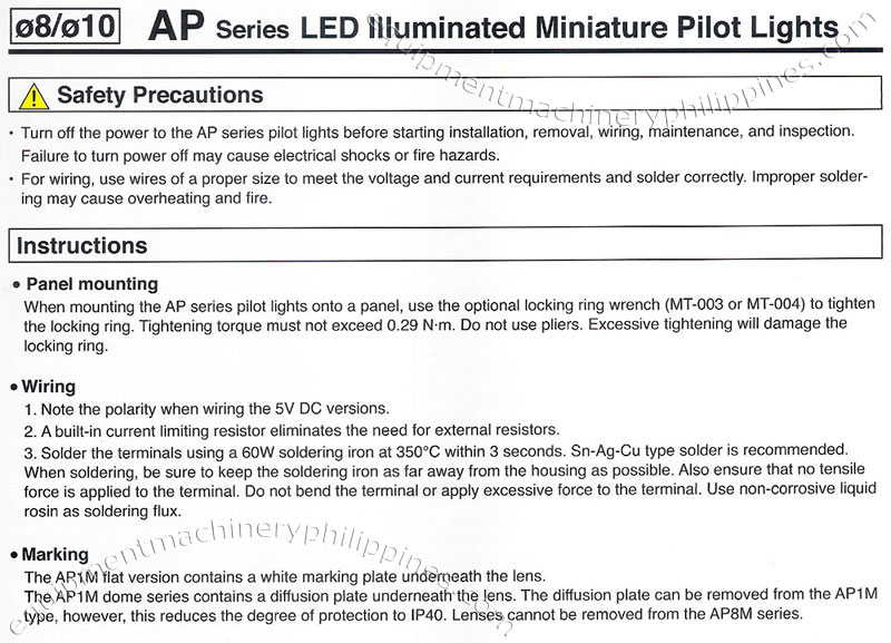 IDEC IP Series LED Illuminated Miniature Pilot Lights Safety Precautions, Instructions