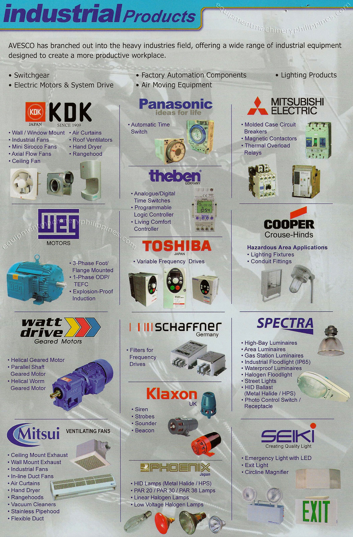 Switchgear, Electric Motors and System Drive, Factory Automation, Air Moving Equipment, Lighting