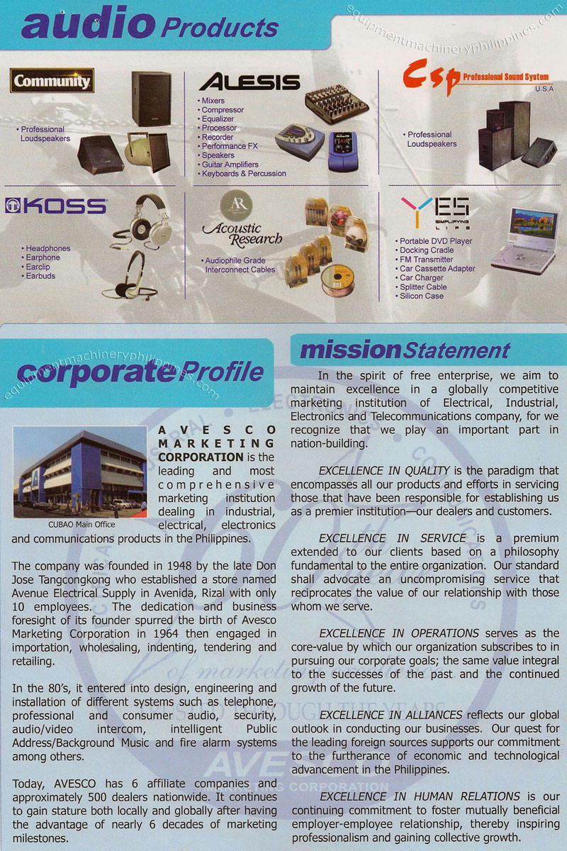 Consumer and Professional Audio Products; Avesco Corporate Profile, Mission Statement