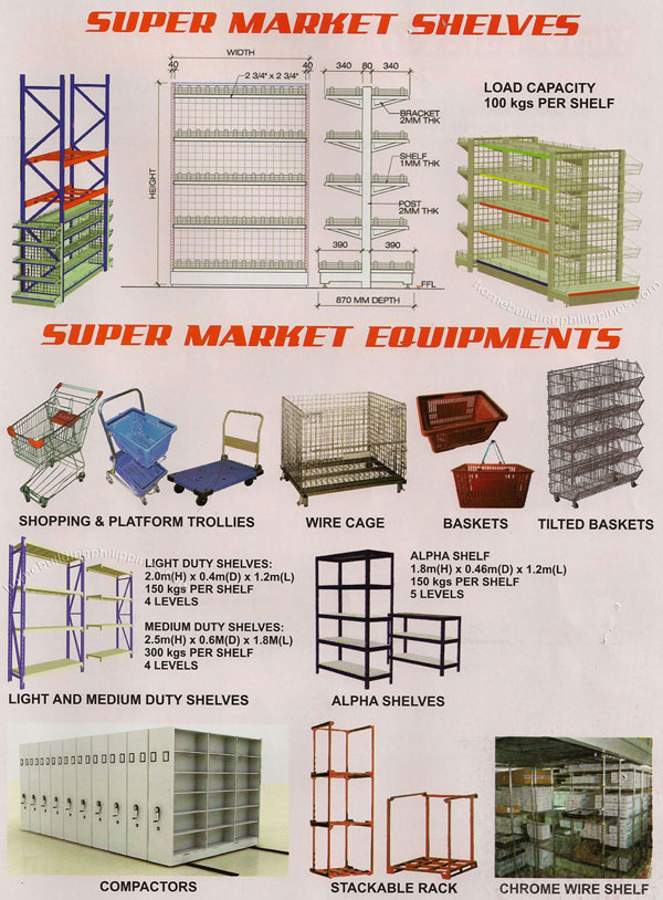 Supermarket Shelves, Shopping Cart, Platform Trolley, Wire Cage, Baskets, Shelves, Compactors