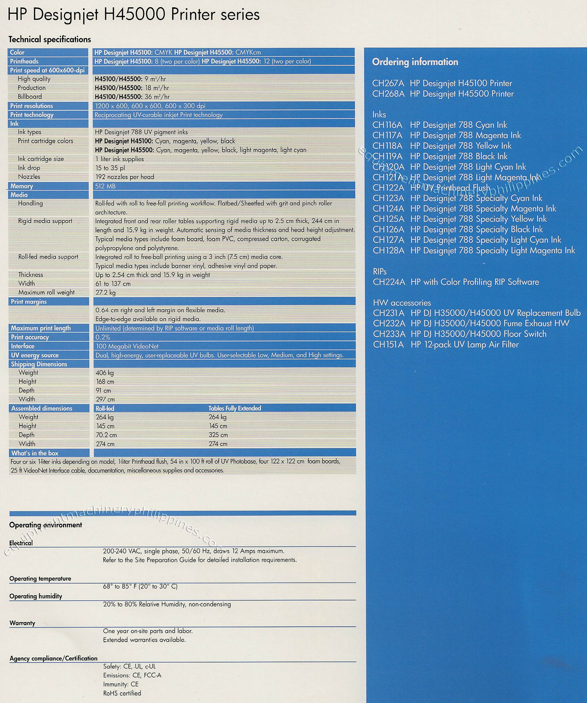 HP Designjet H45000 Printer Series Specifications