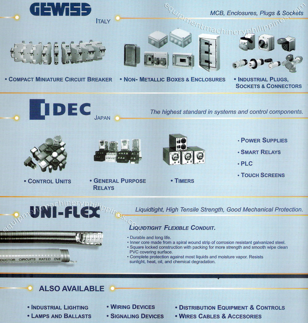 Gewiss Compact Miniature Circuit Breaker, Non-Metallic Boxes and Enclosures, Industrial Plugs, Sockets and Connectors, Idec Control Units, Relays Timers, Power Supplies, Smart Relays, PLC, Touch Screens, Uni-Flex Liquidtight Flexible Conduit, Industrial Lighting, Wiring Devices, Distribution Equipment, Lamps, Ballasts, Signaling Devices