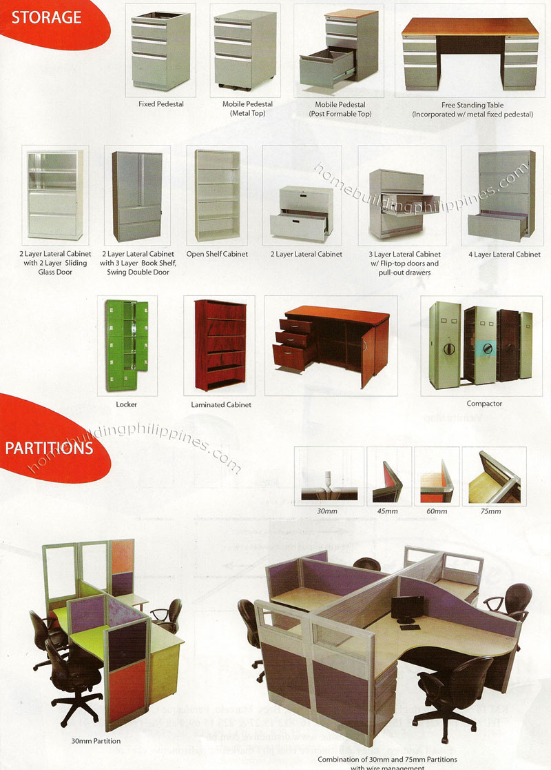 Office Storage: Pedestal, Open Shelf Cabinet, Lateral Cabinet, Locker, Laminated Cabinet, Compactor; Office Partitions