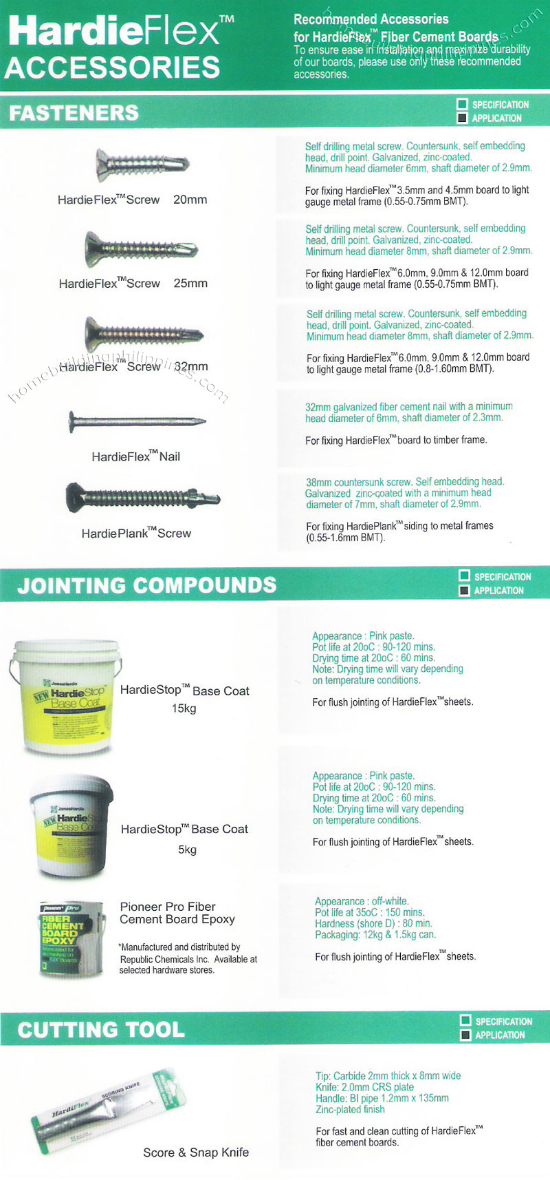HardiFlex Fastener, Jointing Compound, Cutting Tool Philippines