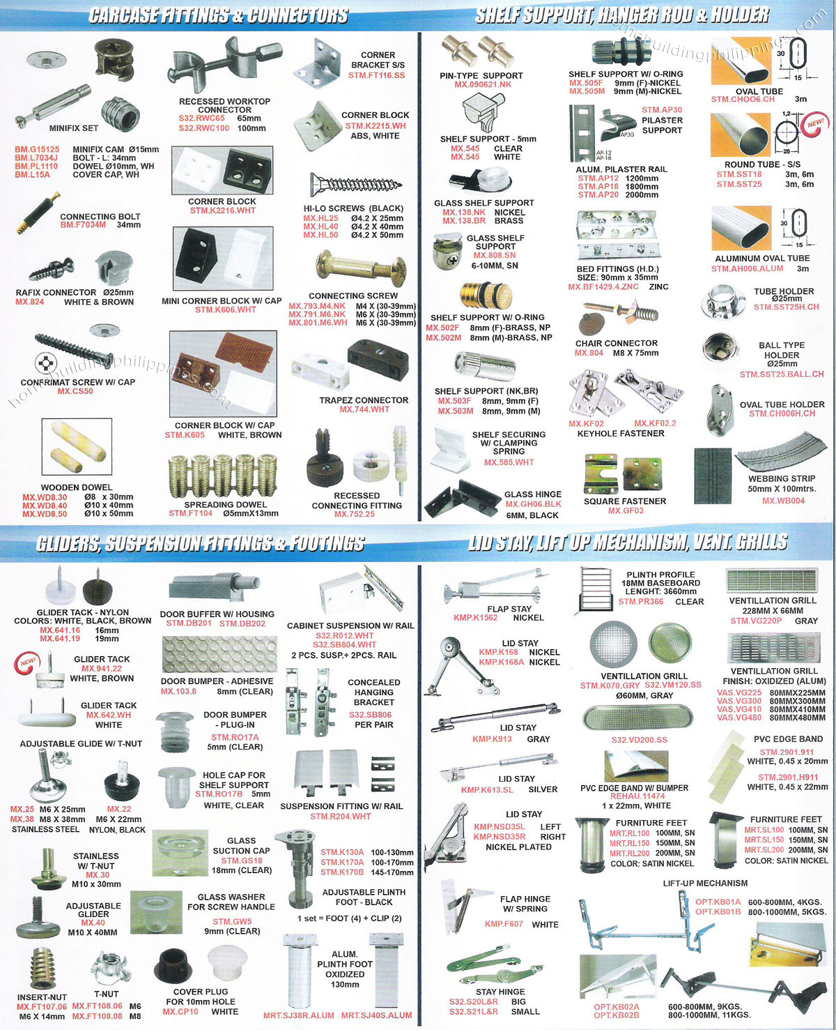 carcase fitting connector corner bracket connecting screw glass shelf support keyhole fastener hanger rod holder glider tack washer cabinet suspension footing lid flap stay ventilation grills