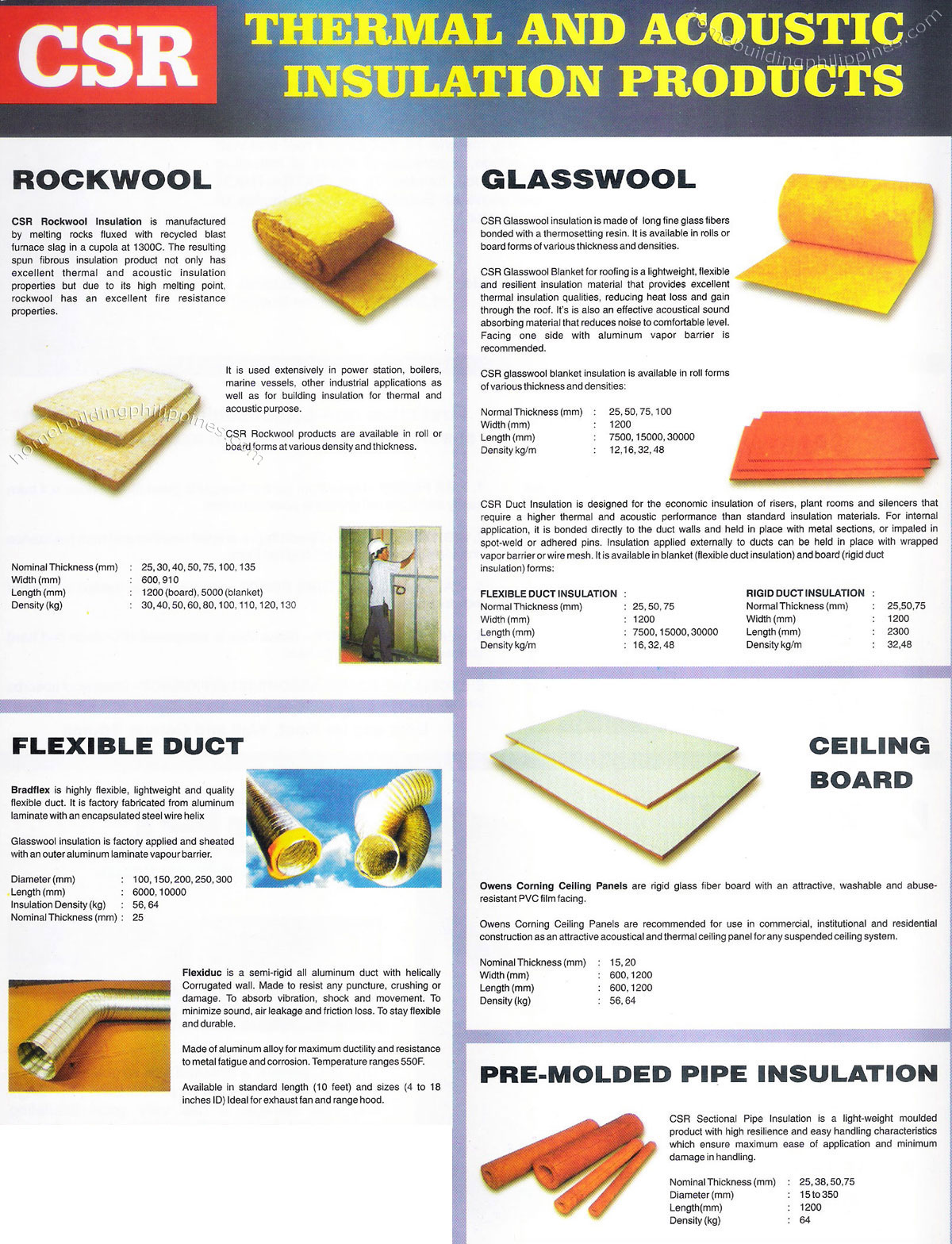CSR Thermal and Acoustic Insulation Rockwool Glasswool Flexible Duct Ceiling Board Premolded Pipe Insulation