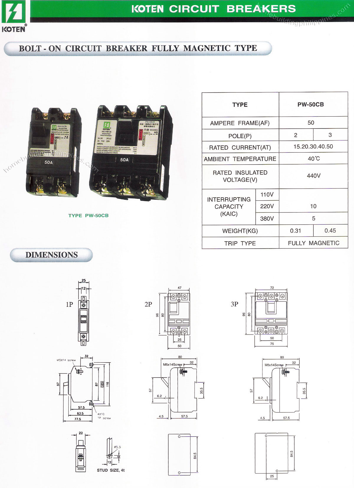 Koten Bolt-on Circuit Breaker Fully Magnetic Type