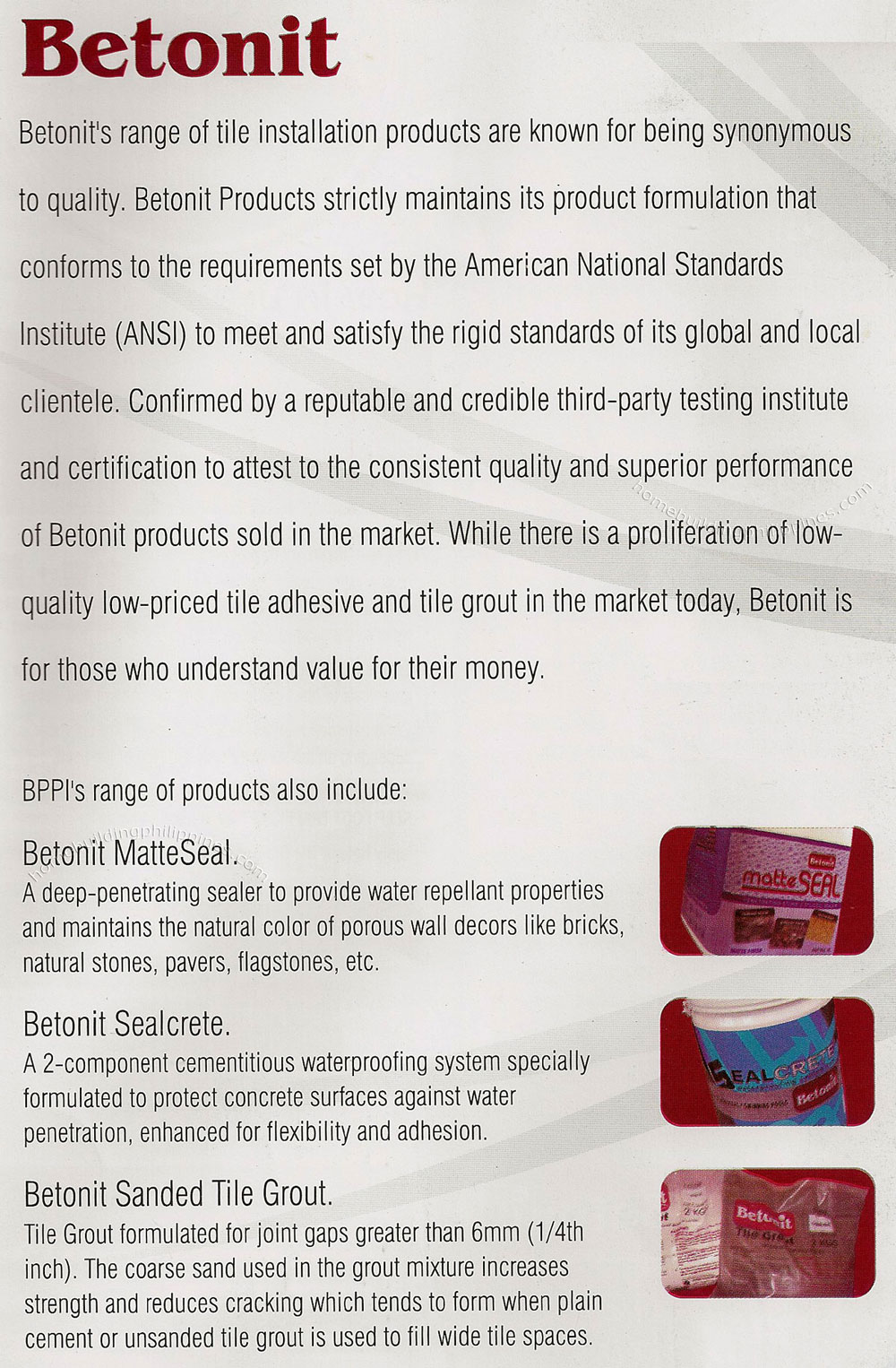 Betonit MatteSeal Water Repellant Sealer; Sealcrete Cementitious Waterproofer; Sanded Tile Grout