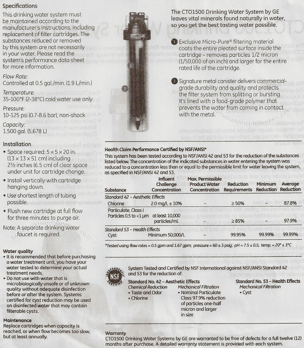 GE CTO1500 Drinking Water System Specifications, Installation, Maintenance