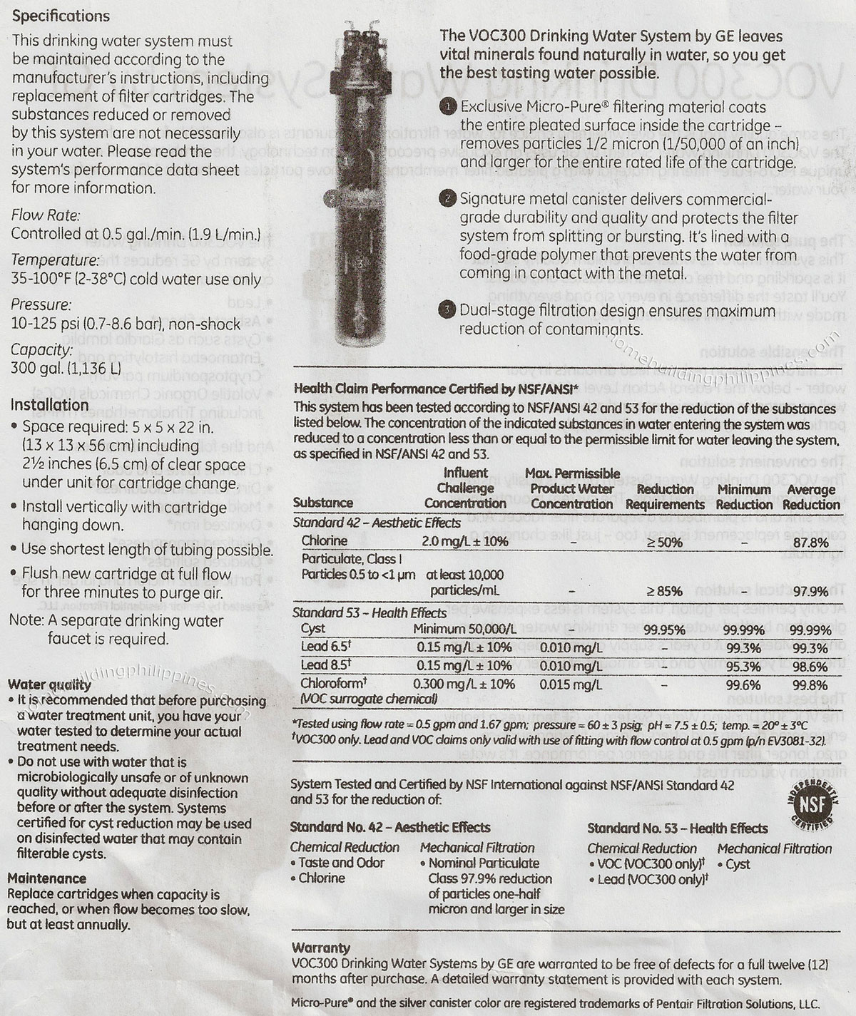 GE VOC300 Drinking Water System Specifications, Installation, Maintenance