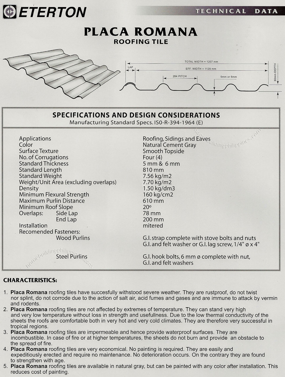 Placa Romana Roofing Tile Technical Data