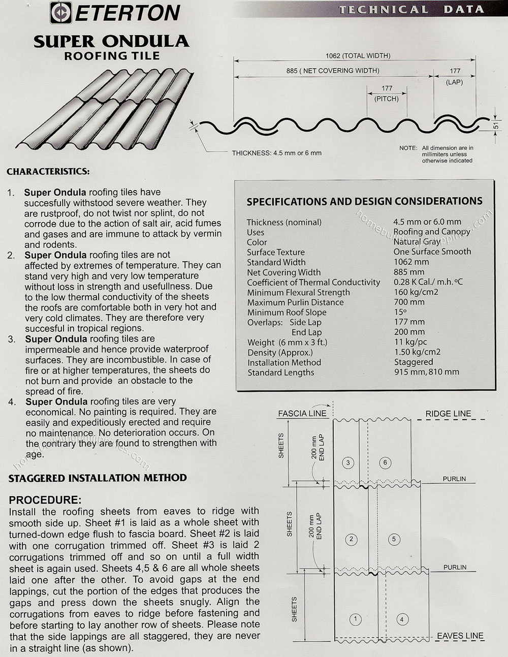 Super Ondula Roofing Tile Technical Data, Installation Procedure