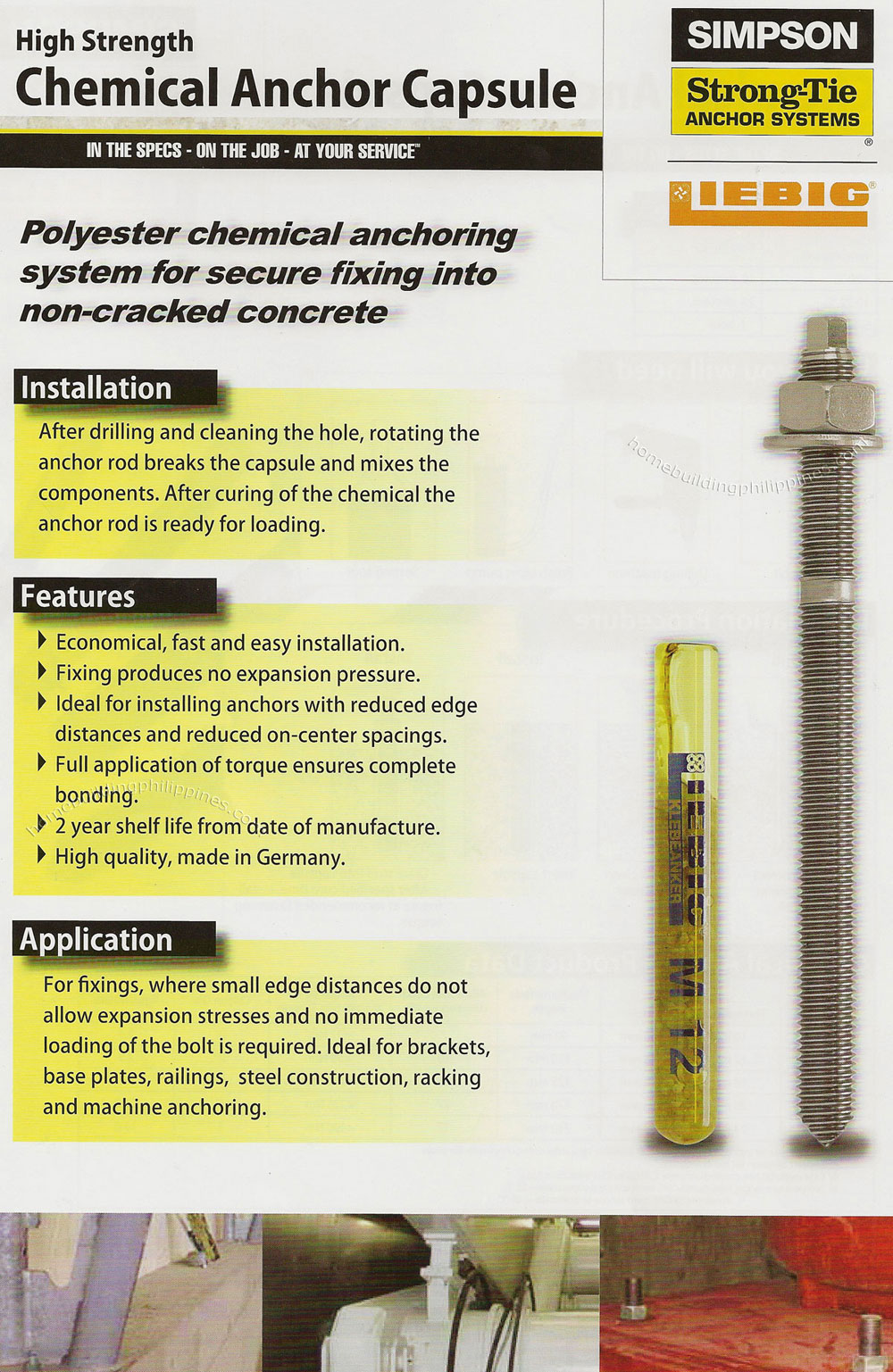 Simpson High Strength Chemical Anchor Capsule - Polyester Chemical Anchoring System for Secure Fixing into Non-Cracked Concrete